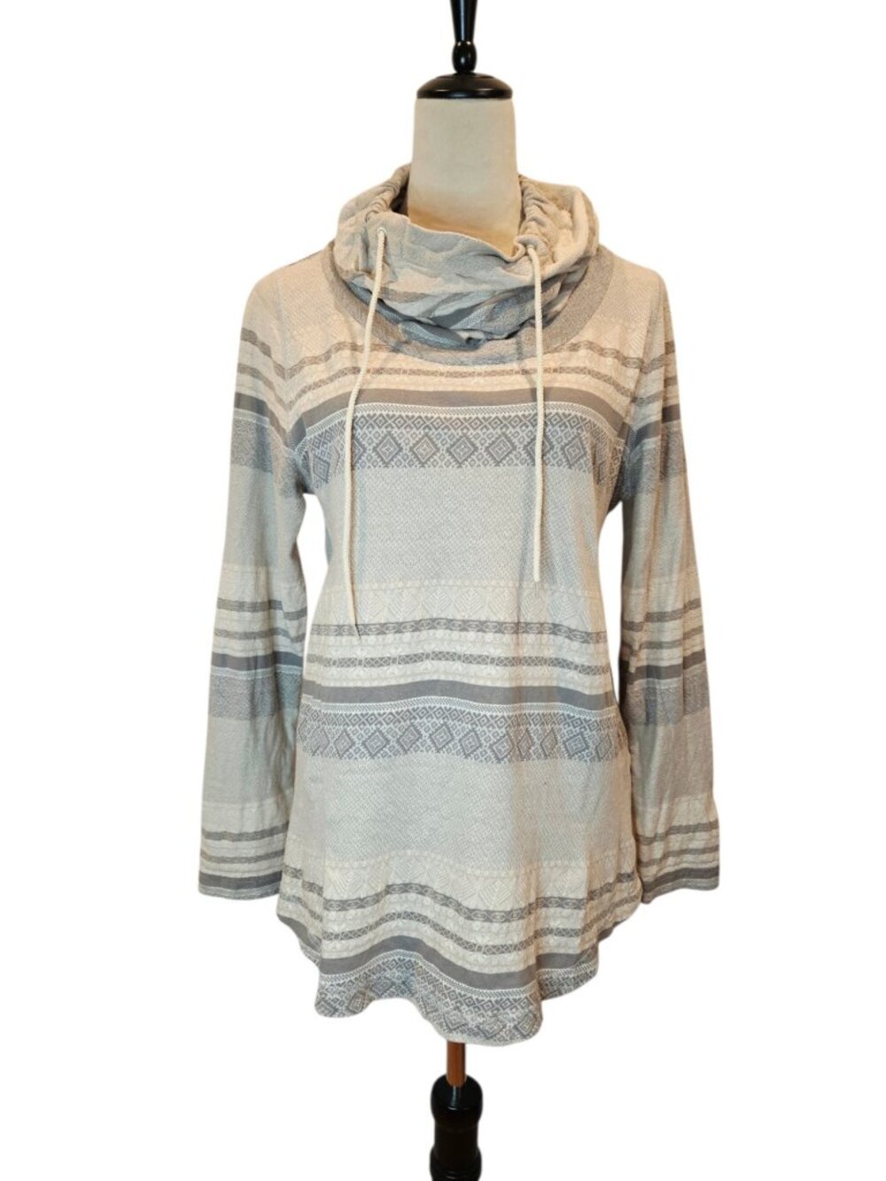Woolrich Cowl Neck Tunic Top Striped Fair Isle Print Cotton Taupe Gray Cream